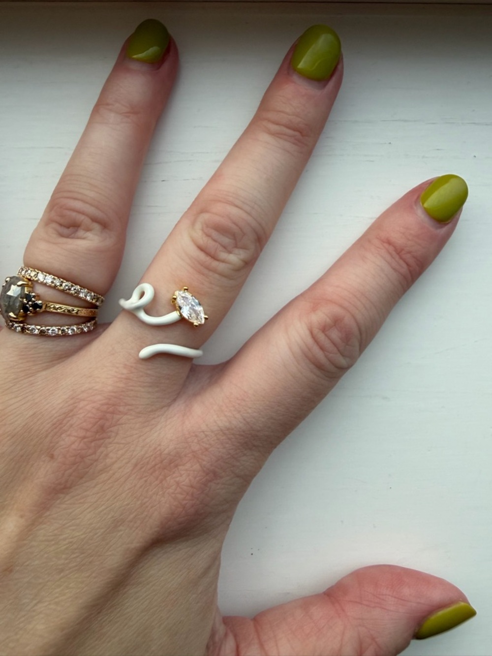 Adjustable White Enamel Open Snake Ring with White Marquise Crystal/Gem